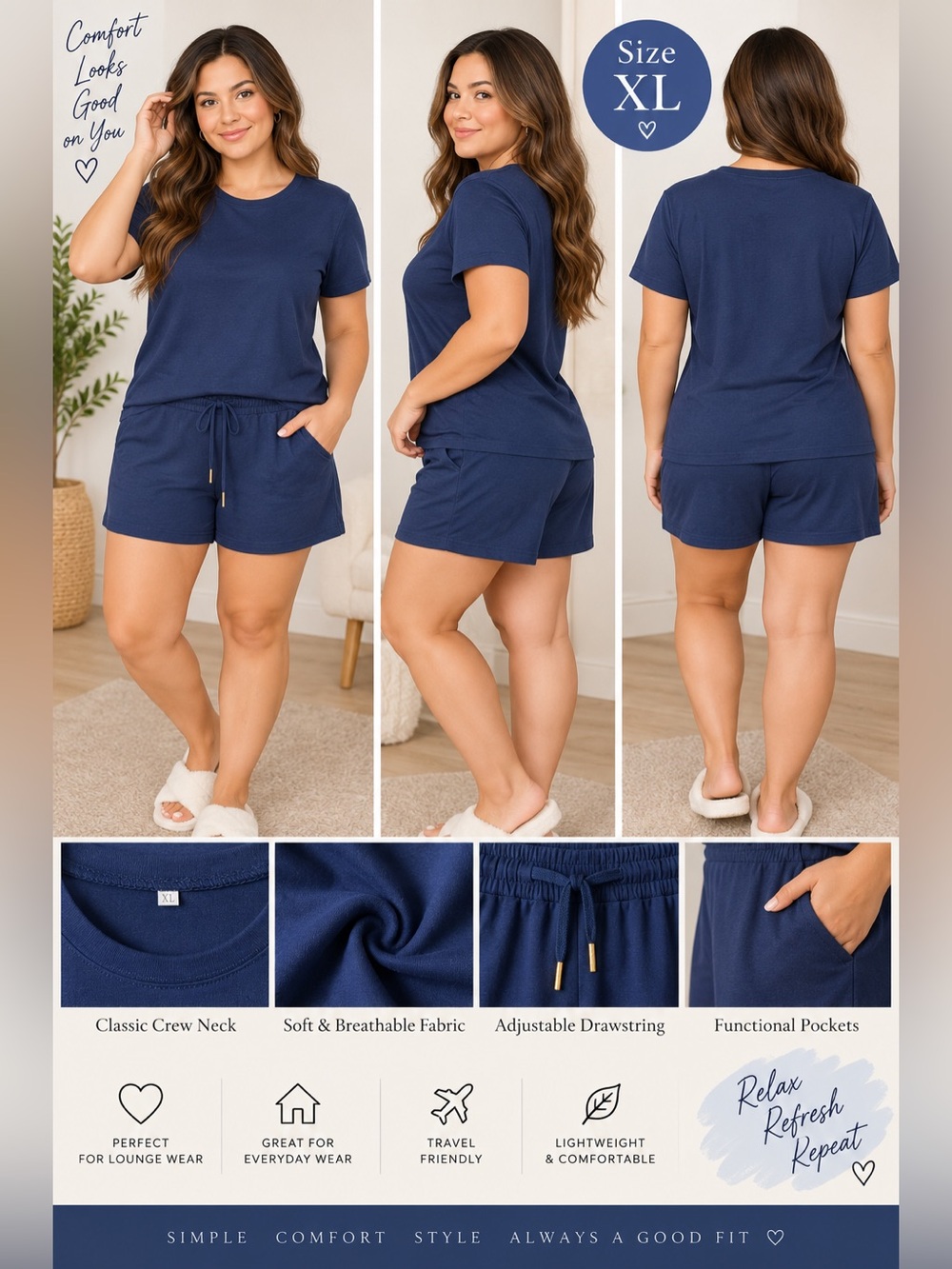 Everyday Navy Short Pajama Set — Soft Crew Neck Lounge Set